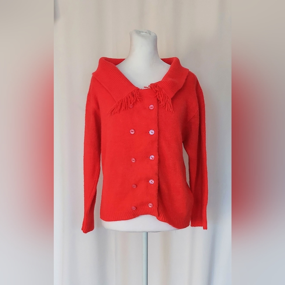 Judy Bond Womens M / L Long Sleeve Faux Button Down Fringe Sweater Red Vintage